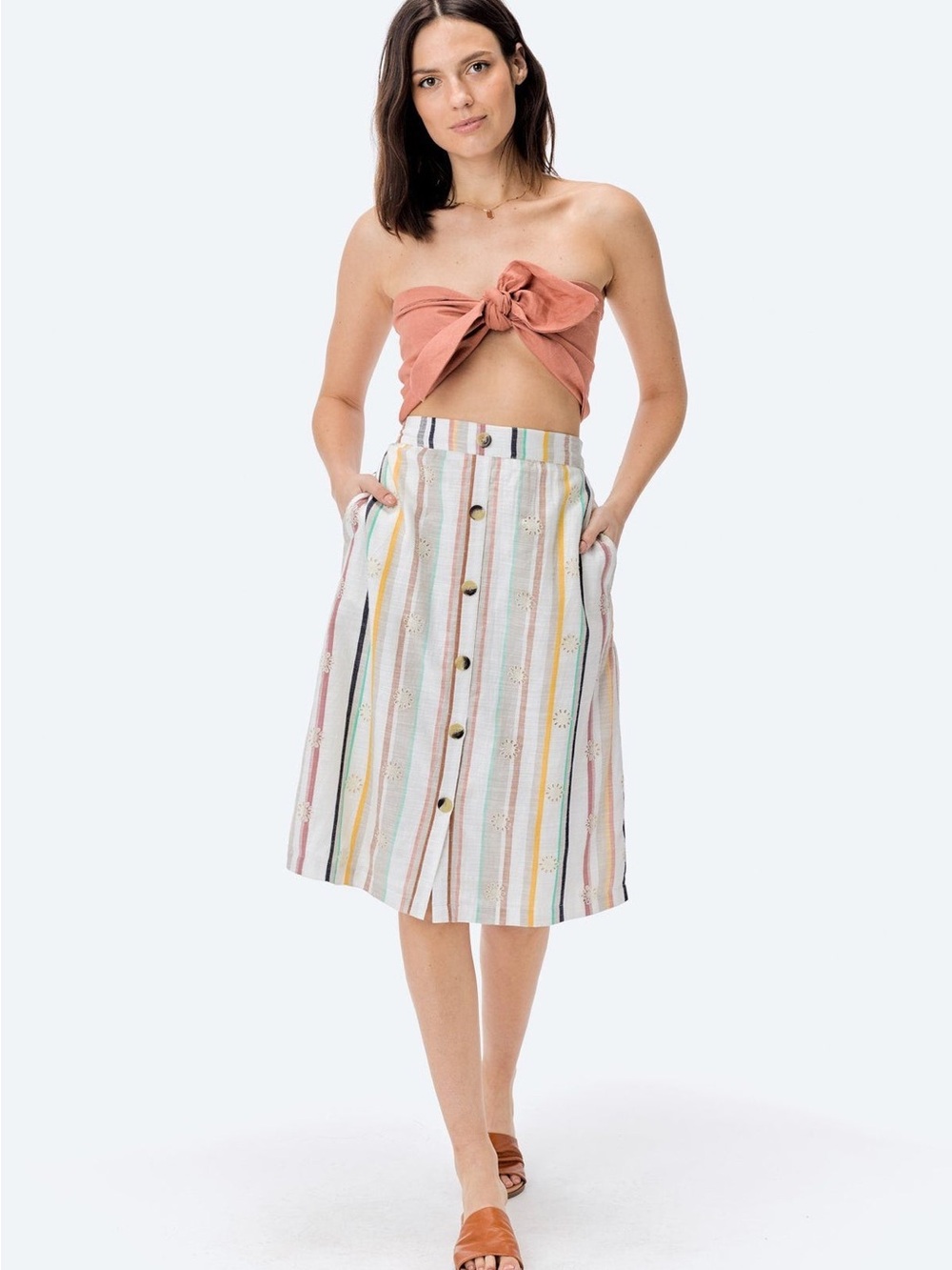 Love Stitch Striped Button-Front A-Line Midi Skirt — Multi Stripe